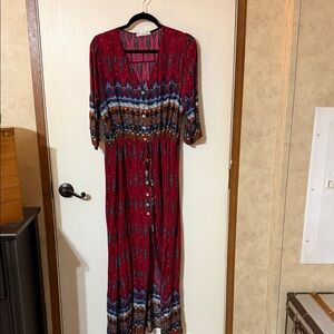 Bohemian Red Maxi Dress with Blue Accents